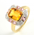 9ct Gold Citrine, Pink Tourmaline and Diamond Cluster Ring